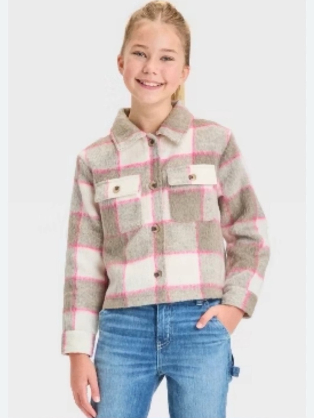 Cat & Jack girls' plaid cropped shacket size medium 8